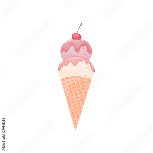 Pink ice cream in a waffle cone. Vector illustration on white background.