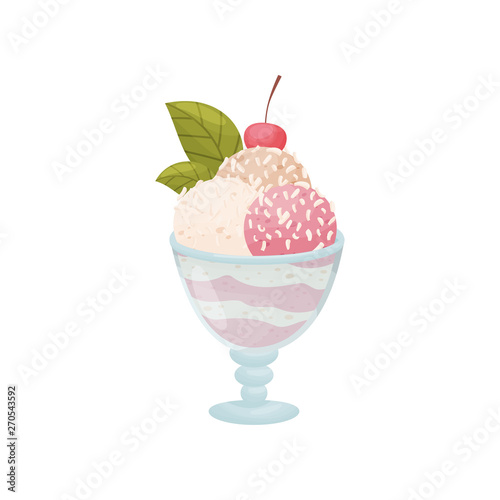 Pink balls of ice cream in a glass bowl on the leg. Vector illustration on white background.