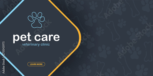 Pet Care. Home animals. Banner with cat or dog paws. Hand draw doodle background.