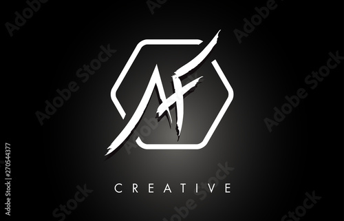AF A F Brushed Letter Logo Design with Creative Brush Lettering Texture and Hexagonal Shape