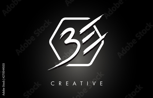 BE B E Brushed Letter Logo Design with Creative Brush Lettering Texture and Hexagonal Shape