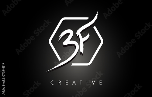 BF B F Brushed Letter Logo Design with Creative Brush Lettering Texture and Hexagonal Shape