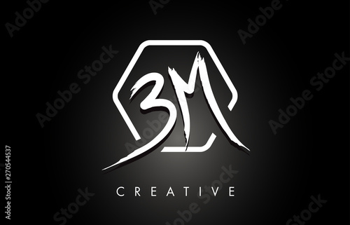 BM B M Brushed Letter Logo Design with Creative Brush Lettering Texture and Hexagonal Shape