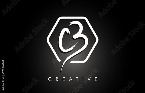 CB C B Brushed Letter Logo Design with Creative Brush Lettering Texture and Hexagonal Shape