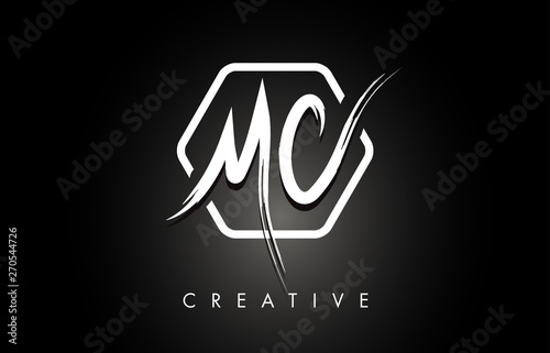 MC M C Brushed Letter Logo Design with Creative Brush Lettering Texture and Hexagonal Shape photo
