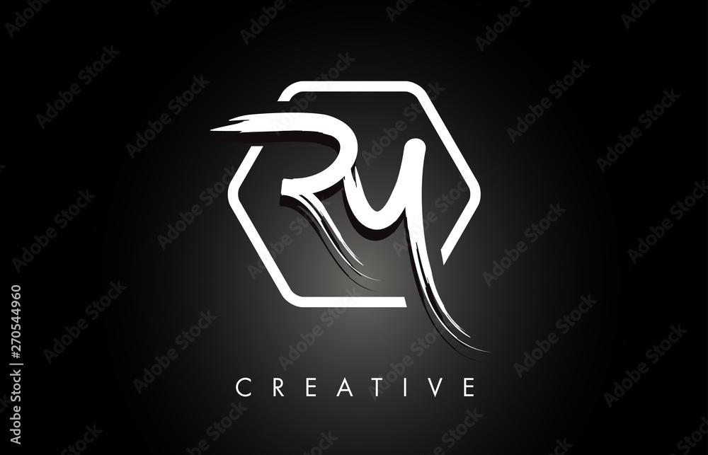 RY R Y Brushed Letter Logo Design with Creative Brush Lettering Texture and Hexagonal Shape - obrazy, fototapety, plakaty 