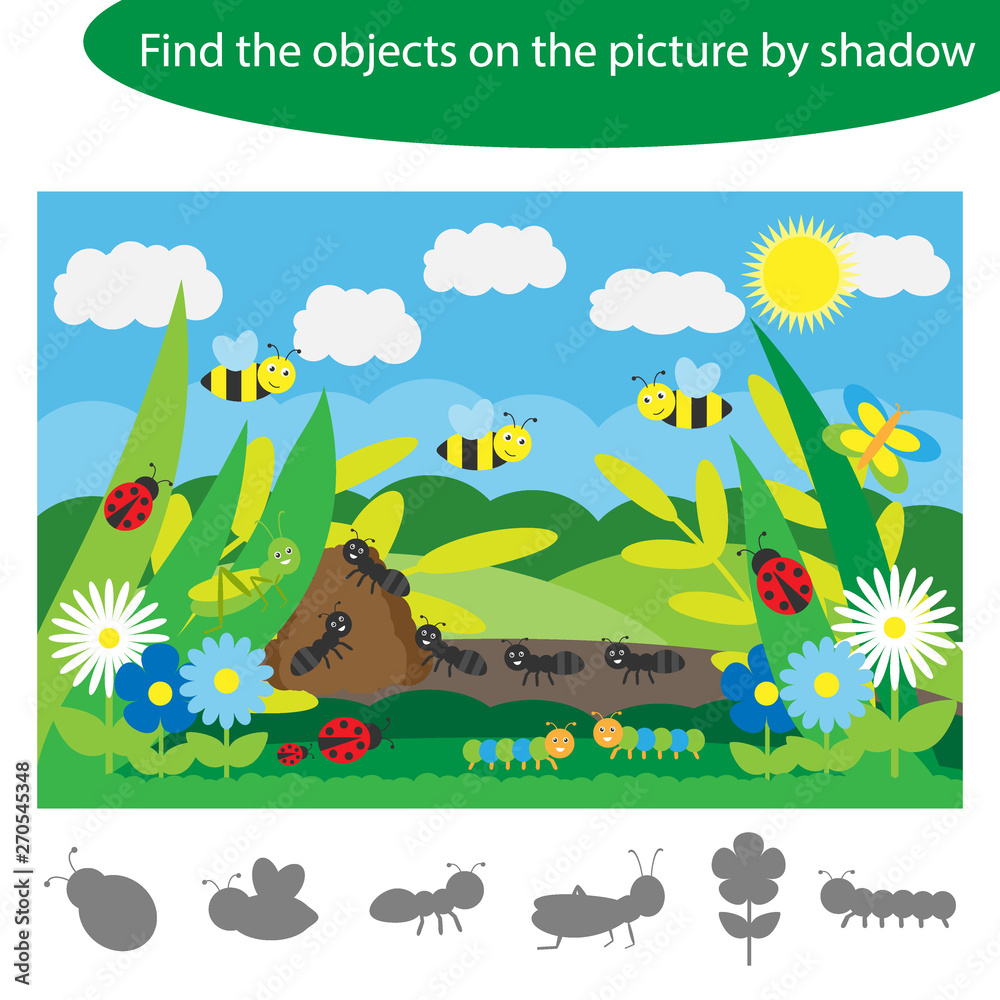 Find the objects by shadow, game with insects for children in cartoon style, education game for kids, preschool worksheet activity, task for the development of logical thinking, vector illustration Find the objects by shadow, game with insects for children in cartoon style, education game for kids, preschool worksheet activity, task for the development of logical thinking, vector illustration
