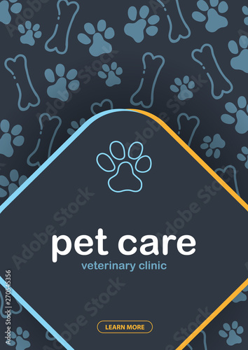 Pet Care. Home animals. Banner with cat or dog paws. Hand draw doodle background.