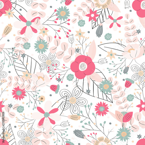 Pink pastel floral pattern. Hand drawn elegant background with wild flowers. Spring and summer design for posters, bunners, greetings, prints, identity, web and more