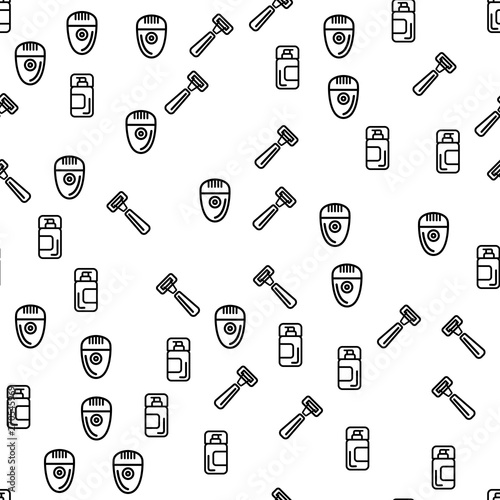 Female Depilation Devices Seamless Pattern Vector. Epilator, Razor And Cream Lotion Waxing Devices For Body Hair Removal Monochrome Texture Icons. Spa Procedure Template Flat Illustration