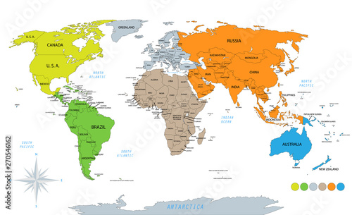 Political world map on white background, with every state labeled and selectable. Colored by continents. Versatile file, turn on an off visibility and color of each country in one click.