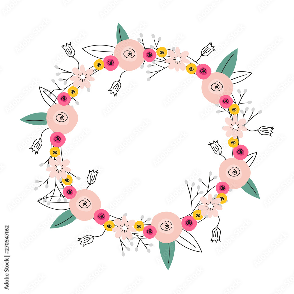 Beautiful floral wreath with blooming flowers and leaves. Round cute frame with your text. Design element for invitations, greeting cards, bunners and more