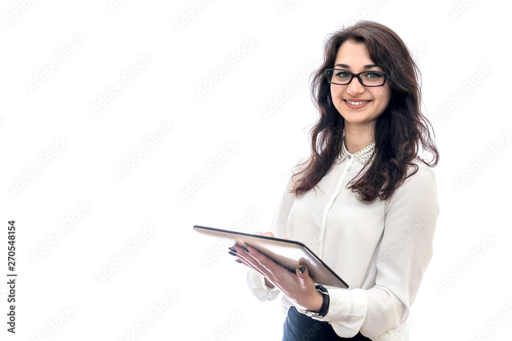 Smiling woman holding tablet isolated on white Smiling woman holding tablet isolated on white