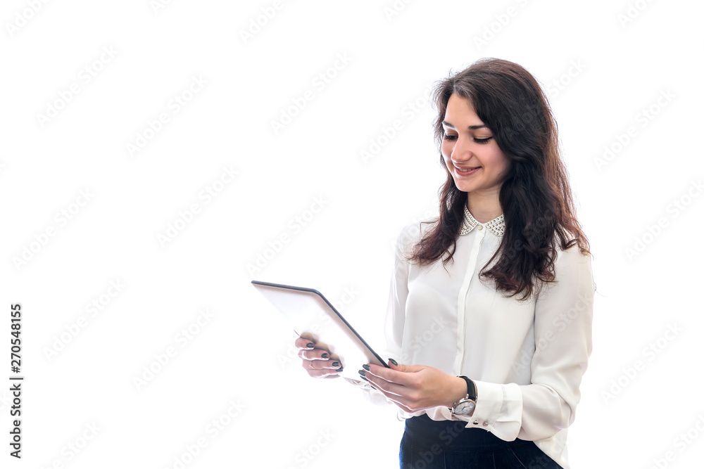 Woman with tablet isolated on white