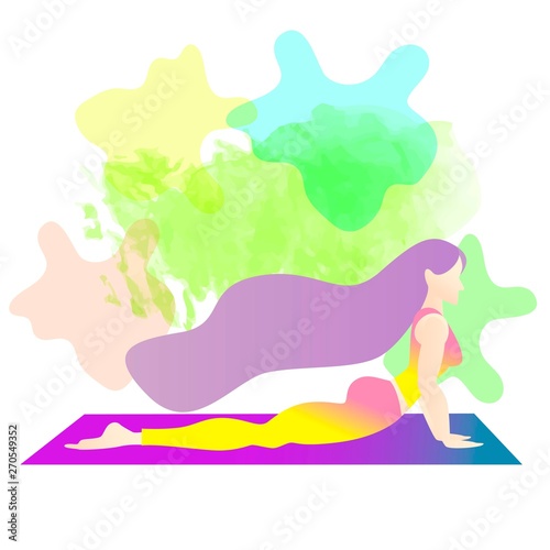 A woman started in yoga with a cobra pose. Bhujangasana. Colorful vector illustration Flat character design. Indigo fashion colors