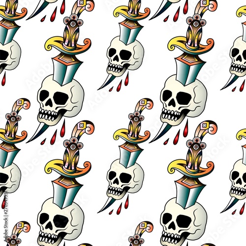 Old school retro vintage doodle tattoo seamless pattern.Rose, skull. knife.continuous openwork emblems symbols.Vector line art oldschool tattoo illustration. Best for printing wrapping paper