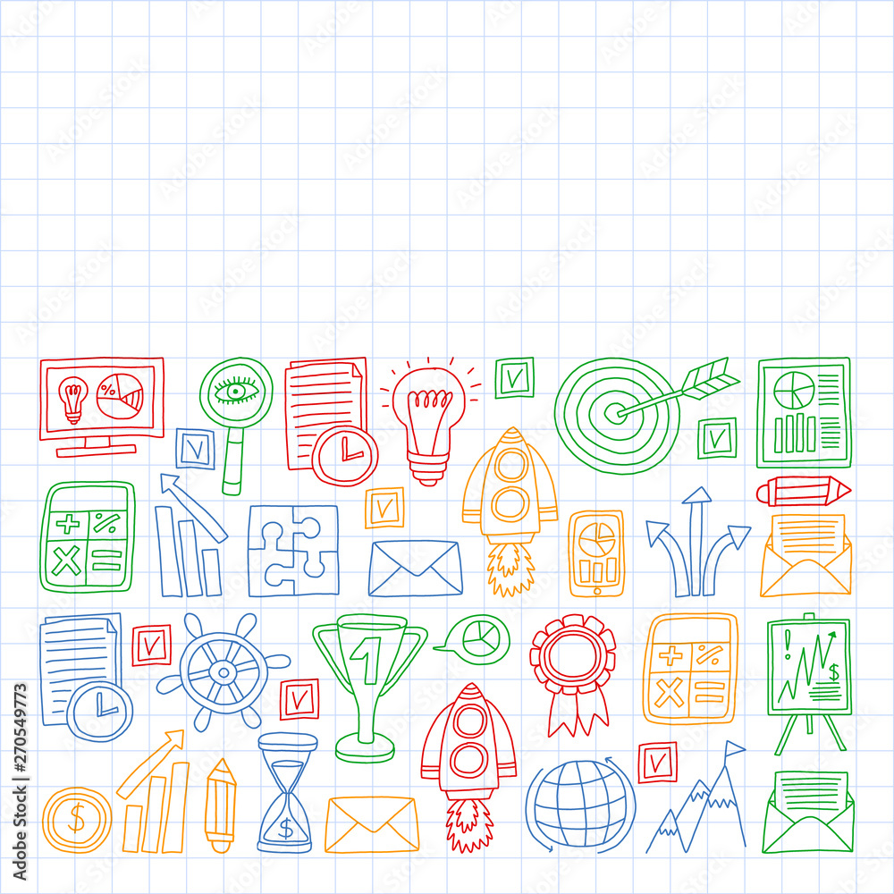 Vector set of bussines icons in doodle style. colorful on a piece of paper in cage.