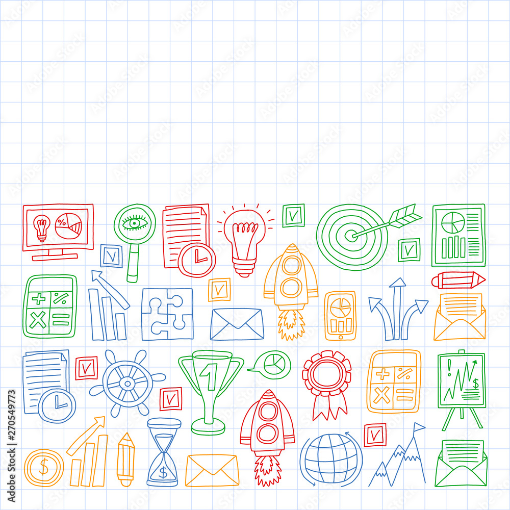 Vector set of bussines icons in doodle style. colorful on a piece of paper in cage. Vector set of bussines icons in doodle style. colorful on a piece of paper in cage.