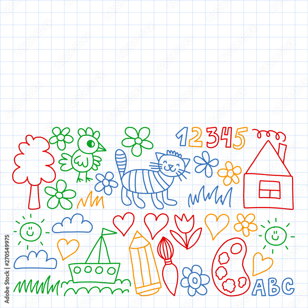 Kindergarten pattern, drawn kids garden elements pattern, doodle drawing, vector illustration, colorful.