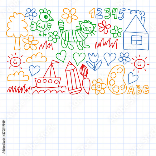Kindergarten pattern, drawn kids garden elements pattern, doodle drawing, vector illustration, colorful.
