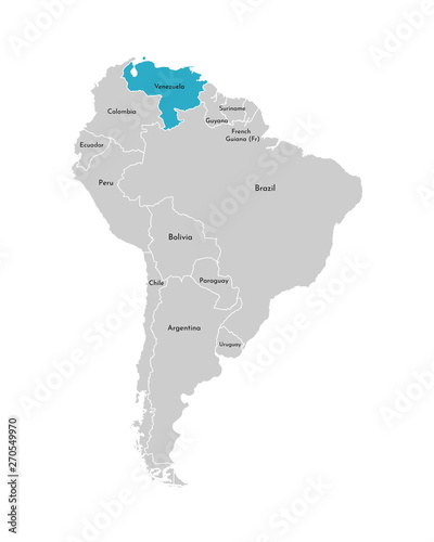 Vector illustration with simplified map of South America continent with blue contour of Venezuela. Grey silhouettes, white outline of states' border