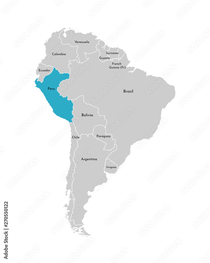 Vector illustration with simplified map of South America continent with blue contour of Peru. Grey silhouettes, white outline of states' border