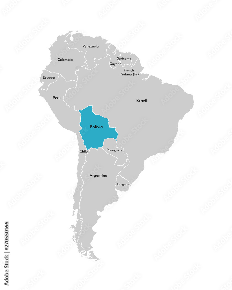 Vector illustration with simplified map of South America continent with blue contour of Bolivia. Grey silhouettes, white outline of states' border