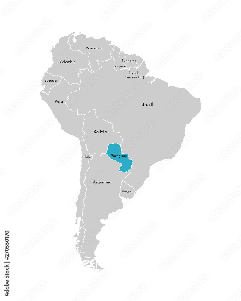 Vector illustration with simplified map of South America continent with blue contour of Paraguay. Grey silhouettes, white outline of states' border