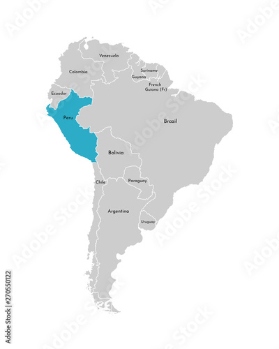 Vector illustration with simplified map of South America continent with blue contour of Peru. Grey silhouettes  white outline of states  border