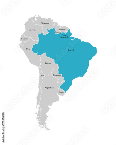 Vector illustration with simplified map of South America continent with blue contour of Brazil. Grey silhouettes  white outline of states  border