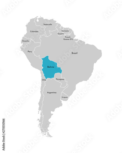 Vector illustration with simplified map of South America continent with blue contour of Bolivia. Grey silhouettes  white outline of states  border