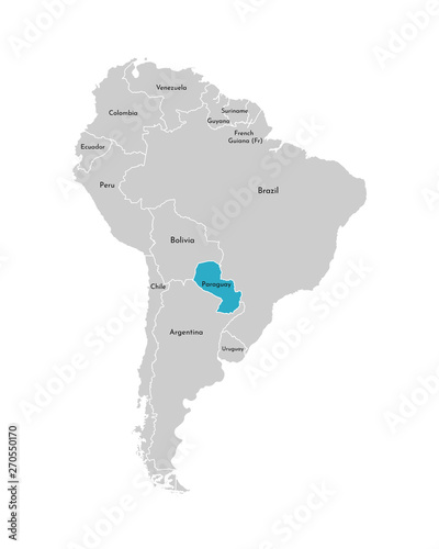 Vector illustration with simplified map of South America continent with blue contour of Paraguay. Grey silhouettes  white outline of states  border