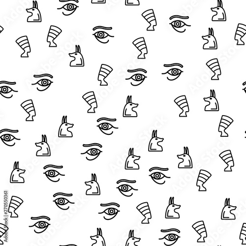 Egyptian Ancient Symbols Seamless Pattern Vector. Eye Of Egypt God Horus Or Ra, Profile Of Anubis And Queen Nefertiti Ancient History Monochrome Texture Icons. Template Flat Illustration