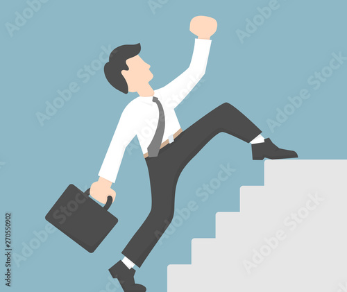 Reaching to the top while skipping steps concept. Businessman stepping to the top stair while holding a briefcase