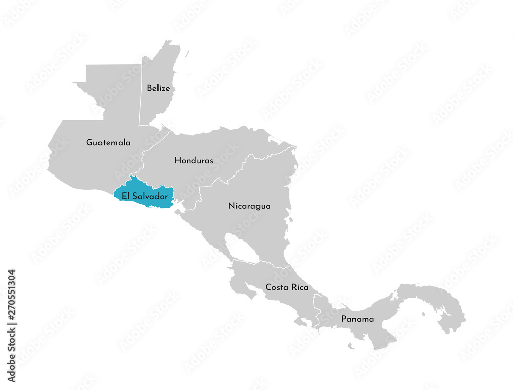 Fototapeta premium Vector illustration with simplified map of Central America region with blue contour of El Salvador. Grey silhouettes, white outline of states' border