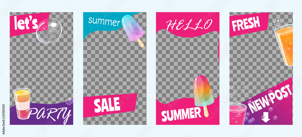 Instagram stories for summer sale, party and vacation. Set of bright templates. Vector illustration.