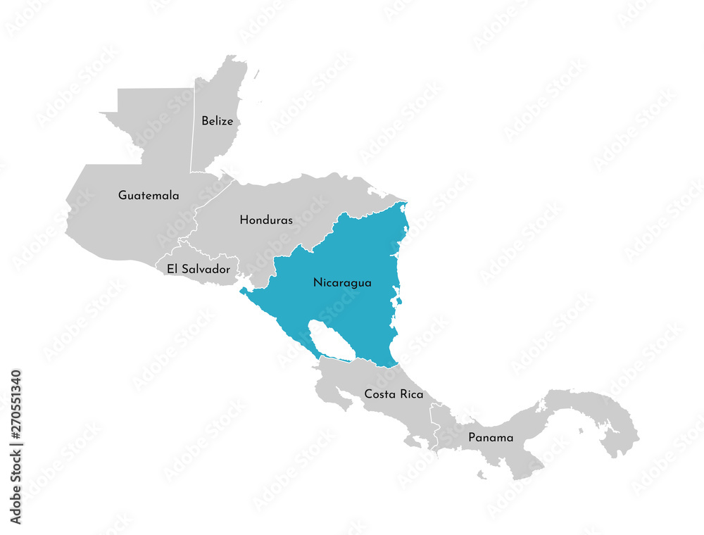 Obraz premium Vector illustration with simplified map of Central America region with blue contour of Nicaragua. Grey silhouettes, white outline of states' border