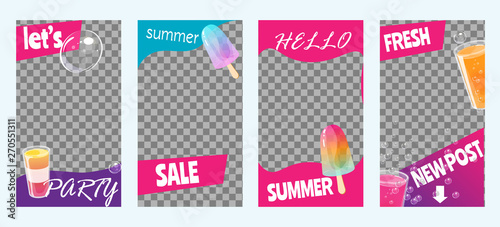 Instagram stories for summer sale, party and vacation. Set of bright templates. Vector illustration.