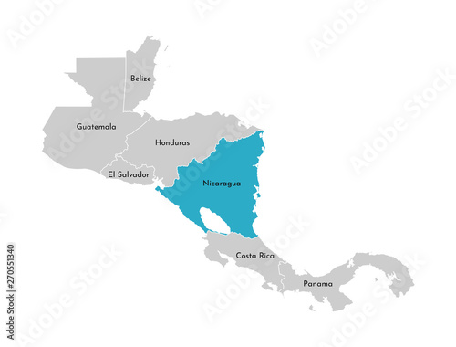 Vector illustration with simplified map of Central America region with blue contour of Nicaragua. Grey silhouettes, white outline of states' border