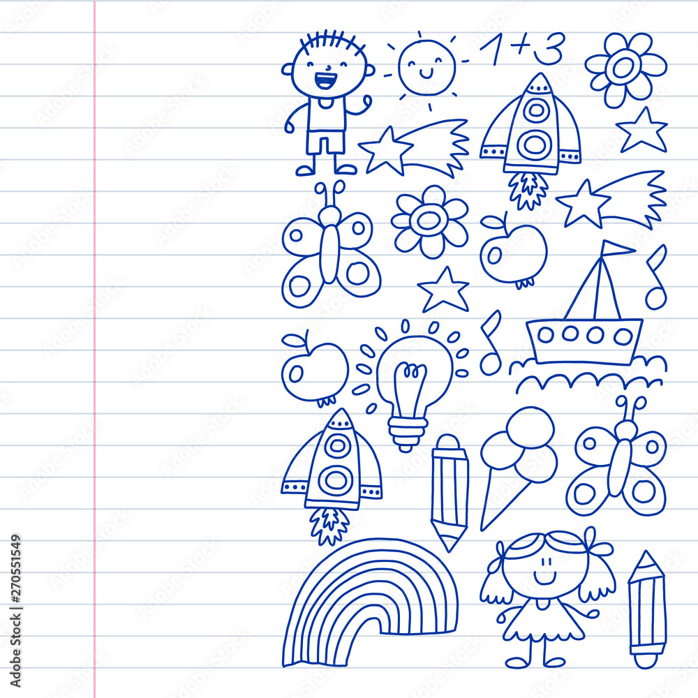 Children garden, Patern, Hand drawn children garden elements pattern, doodle illustration, Vector, illustration.