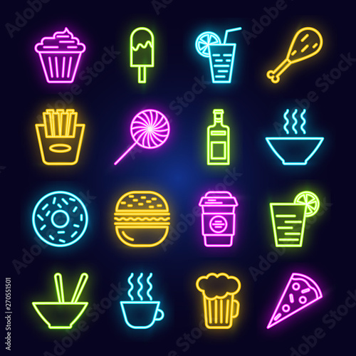 Neon food icons on dark background.