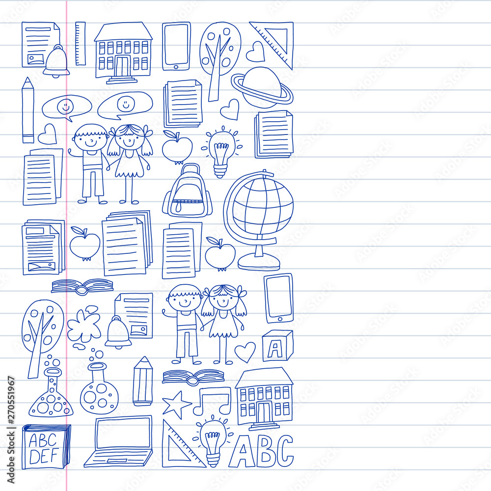 Vector set of secondary school icons in doodle style. Painted, drawn with a pen, on a sheet of checkered paper on a white background.