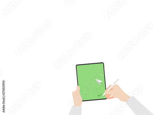 Hands hold tablet read and write rocket tree fly on green display paperless logo go green concept idea, hand catch new tablet pro, nature, save the planet, business device, tablet, screen display