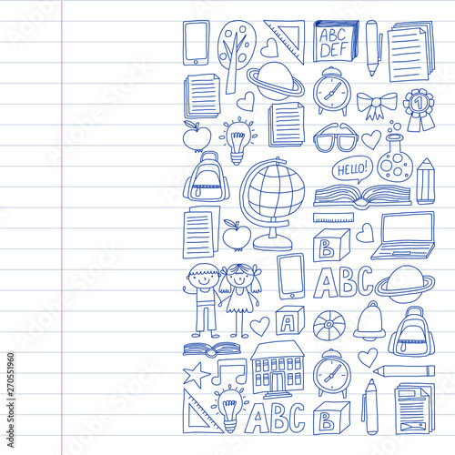 Vector set of secondary school icons in doodle style. Painted, drawn with a pen, on a sheet of checkered paper on a white background.