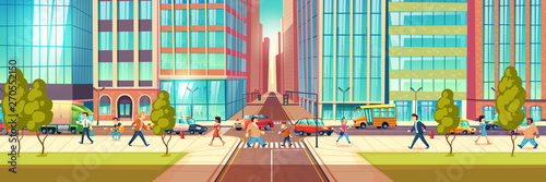 Modern metropolis street life cartoon vector concept with people hurrying in business at city street, townsfolk walking sidewalk, pedestrians passing crossroads, transport moving on road illustration