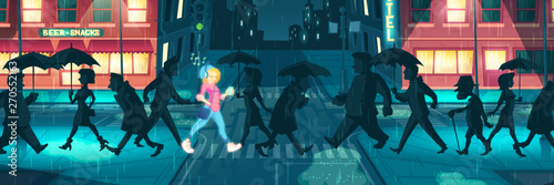 Internal energy, positive mood, bright individuality cartoon vector. Shining with happiness girl listening music, going with smile among depressed, tired people in evening rainy city illustration