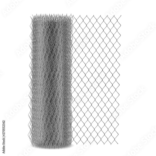 Chain link mesh fencing with hexagonal eyelet, metal rabitz netting in roll 3d realistic vector illustration isolated on white background. Fence, barrier construction material woven from steel wire