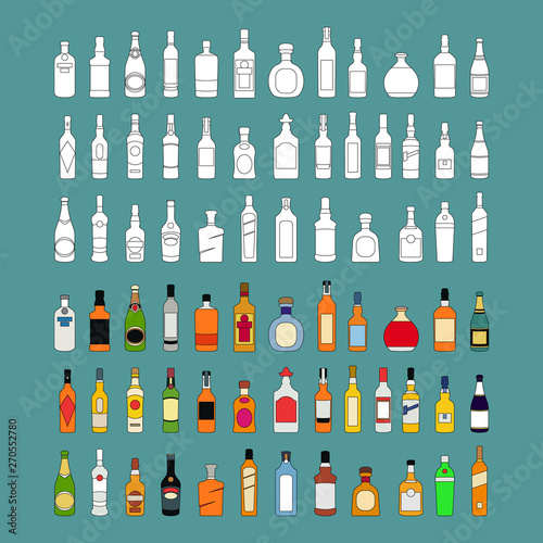 vector Alcohol bottles line icons set. Flat design alcohol bottles collection illustration vector