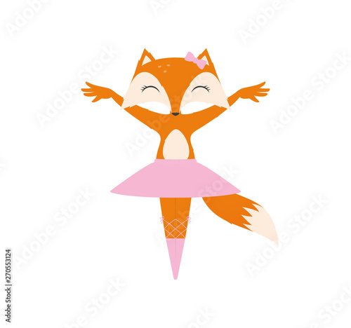 Vector cartoon cute little fox as a ballerina. Isolated on white background.