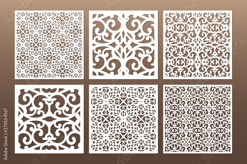 Laser cut cabinet fretwork perforated panel in arabic style. Ornamental square panels template set for cutting exterior. Silhouette geometric pattern. Metal, paper or wood carving. Outdoor screen. photo